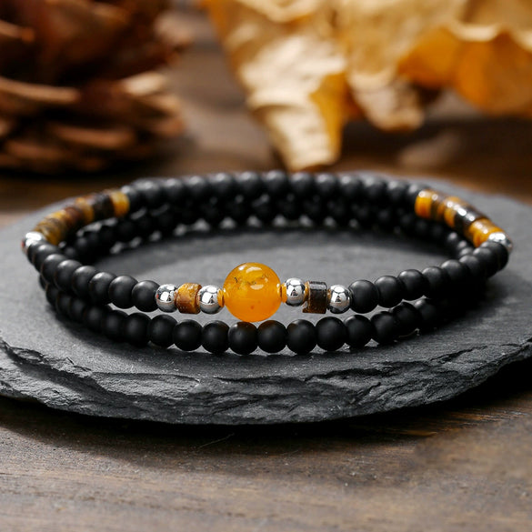 Fashion Simple Allmatch Unisex Handmade Stone Copper Beads Round Beaded Bracelet With Black Onyx Tiger Eye Amber