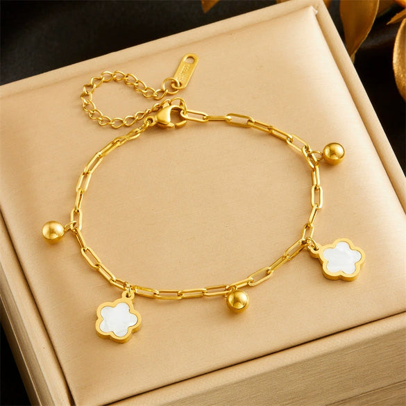 Fashion Simple Black And White Shell Flower Pendant Stainless Steel Gold Plated Bracelet