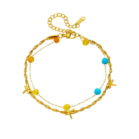 Fashion Simple Color Beaded Dragonfly Stainless Steel Twisted Chain Stacked Women's Bracelet With Electroplating