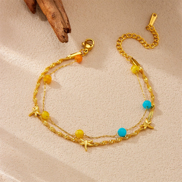 Fashion Simple Color Beaded Dragonfly Stainless Steel Twisted Chain Stacked Women's Bracelet With Electroplating