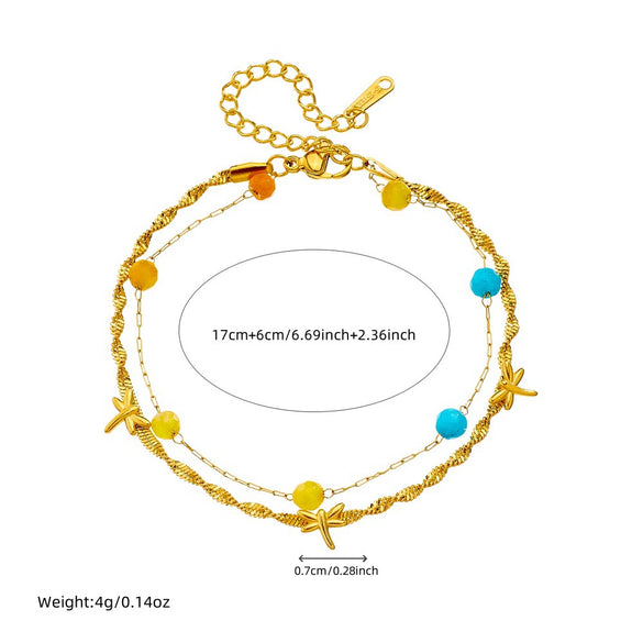 Fashion Simple Color Beaded Dragonfly Stainless Steel Twisted Chain Stacked Women's Bracelet With Electroplating