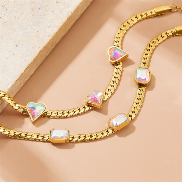 Fashion Simple Color Geometric Cut Square Love Stainless Steel Twist Chain Necklace And Bracelet For Women With Electroplating Treatment
