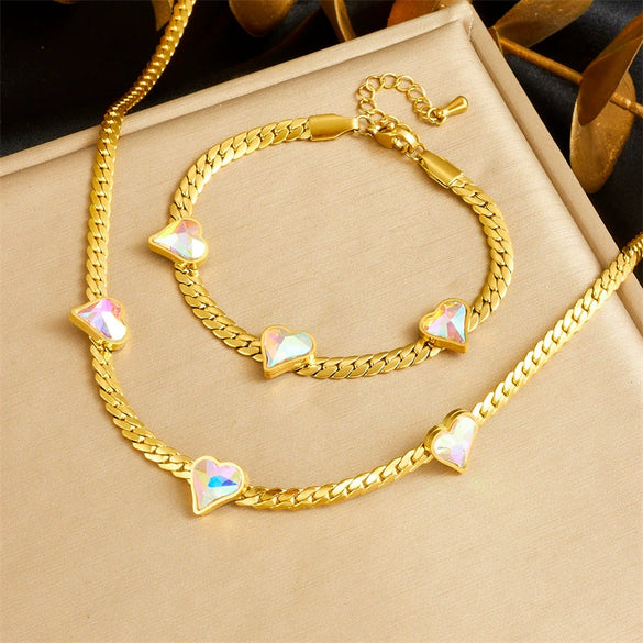 Fashion Simple Color Geometric Cut Square Love Stainless Steel Twist Chain Necklace And Bracelet For Women With Electroplating Treatment