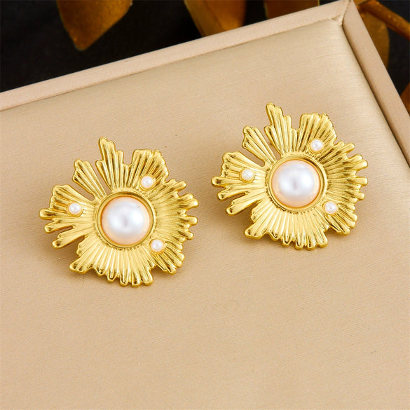 Fashion Simple Commuter Earrings Stainless Steel Gold Plated Irregular Sunflower Pearl For Women