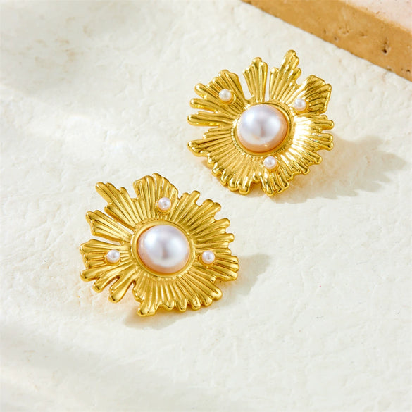 Fashion Simple Commuter Earrings Stainless Steel Gold Plated Irregular Sunflower Pearl For Women