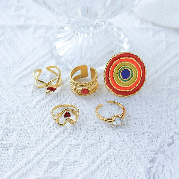 Fashion Simple Commuter Red Opening Geometric Stainless Steel Ring With Electroplating For Women