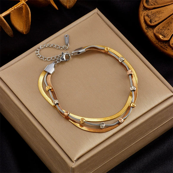 Fashion Simple Design Diamond Love Pearl Butterfly Snake Pendant Goldplated Titanium Steel Women's Bracelet