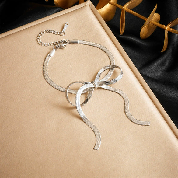 Fashion Simple Design Goldplated Stainless Steel Bow Snake Bone Chain Bracelet For Women