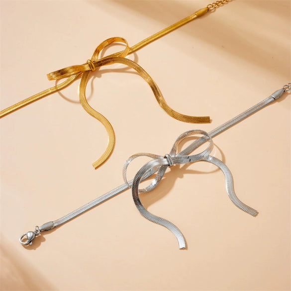 Fashion Simple Design Goldplated Stainless Steel Bow Snake Bone Chain Bracelet For Women