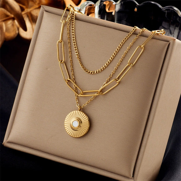Fashion Simple Design Retro Stainless Steel Multilayer Chain Cross Love Pearl Pendant Women Necklace With Electroplating