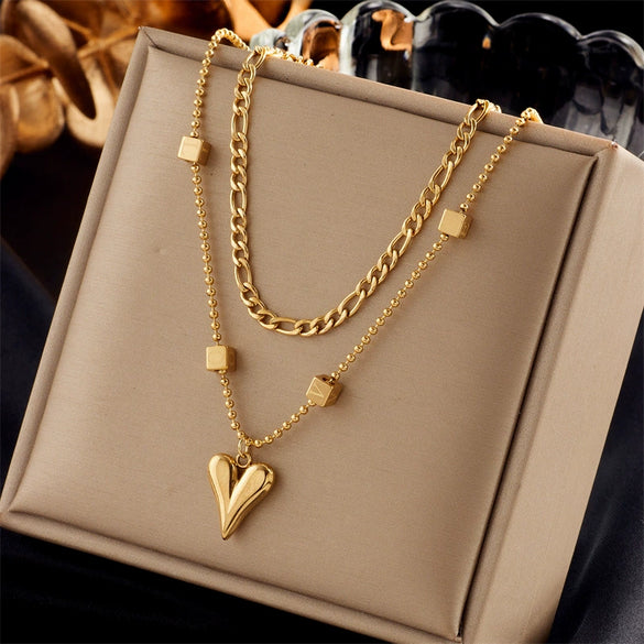 Fashion Simple Design Retro Stainless Steel Multilayer Chain Cross Love Pearl Pendant Women Necklace With Electroplating