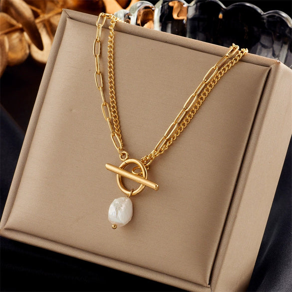 Fashion Simple Design Retro Stainless Steel Multilayer Chain Cross Love Pearl Pendant Women Necklace With Electroplating