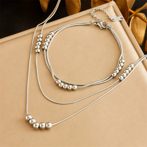 Fashion Simple Double Layer Stacked Ball Beaded Stainless Steel Jewelry Bracelet Necklace For Women With Snake Bone Chain And Electroplating