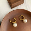Fashion Simple Elegant Retro Pearl Ball Circle Alloy Gold Earrings For Women With Geometric Design And Electroplating Treatment