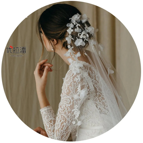 Fashion Simple Flower Trailing Long Veil Bride Wedding Accessories