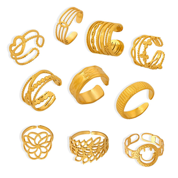 Fashion Simple Geometric Hollow Multilayer Texture Stitching Design Sense Finger Ring Titanium Steel Opening Ring With Electroplating