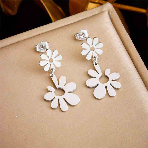 Fashion Simple Geometric Stainless Steel Gold Plated Butterfly Flower Irregular Pendant Earrings For Women