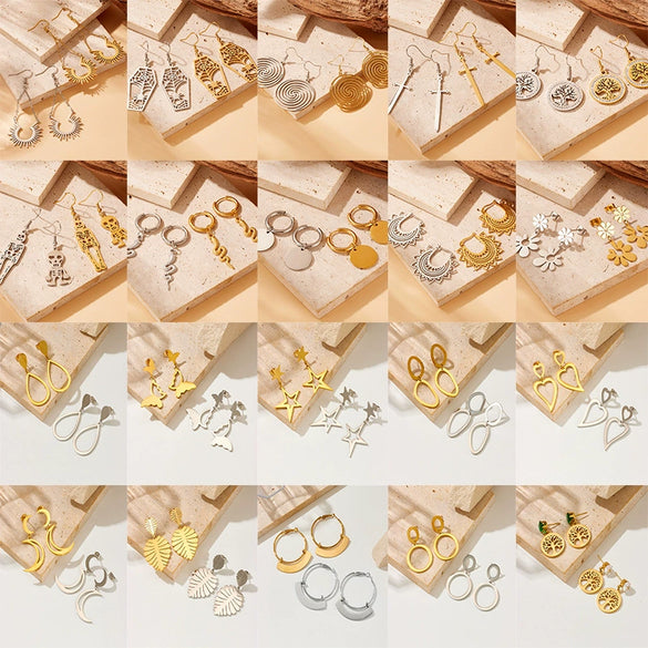 Fashion Simple Geometric Stainless Steel Gold Plated Butterfly Flower Irregular Pendant Earrings For Women