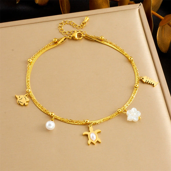 Fashion Simple Gold Plated Marine Life Pendant Stainless Steel Women's Anklet With Animal Zodiac Pattern