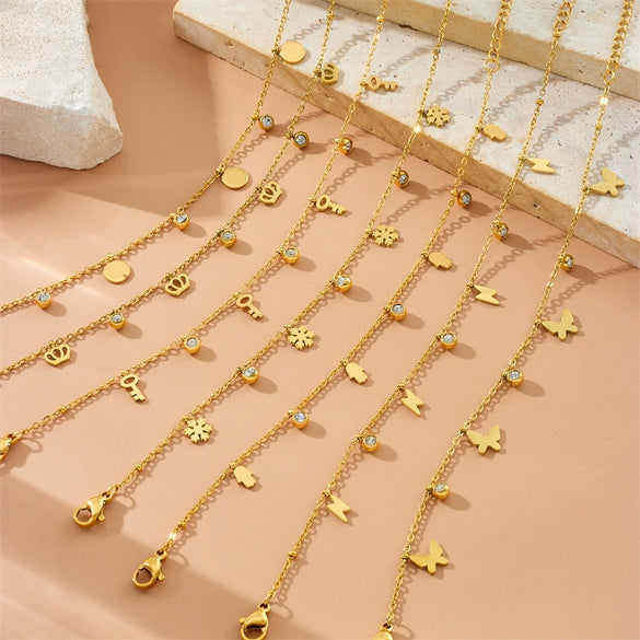 Fashion Simple Gold Plated Stainless Steel Bracelet With Butterfly Disc Lightning Crown Eye Pendant Accessories