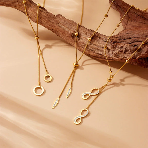 Fashion Simple Goldplated Stainless Steel Round Feather Pendant Necklace For Women