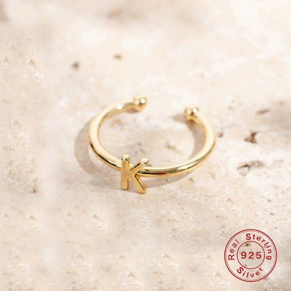 Fashion Simple Ins Style S925 Sterling Silver Geometric 26 Letters Initial Glossy Open Ring With Electroplating For Unisex And Women