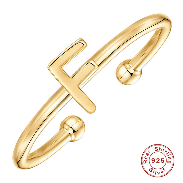 Fashion Simple Ins Style S925 Sterling Silver Geometric 26 Letters Initial Glossy Open Ring With Electroplating For Unisex And Women