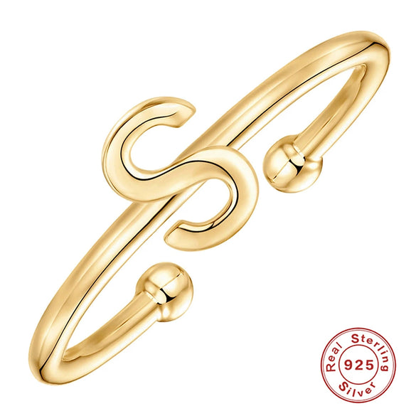 Fashion Simple Ins Style S925 Sterling Silver Geometric 26 Letters Initial Glossy Open Ring With Electroplating For Unisex And Women