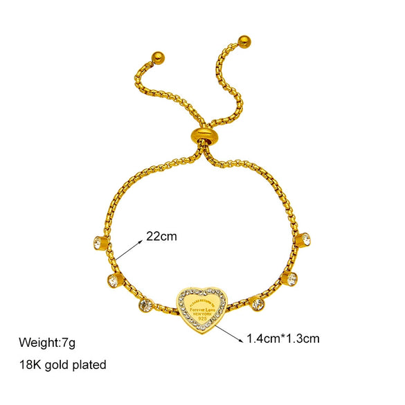 Fashion Simple Light Luxury Niche Heart Round Diamond Embedded Adjustable Chain Titanium Steel Bracelet With Electroplating Design