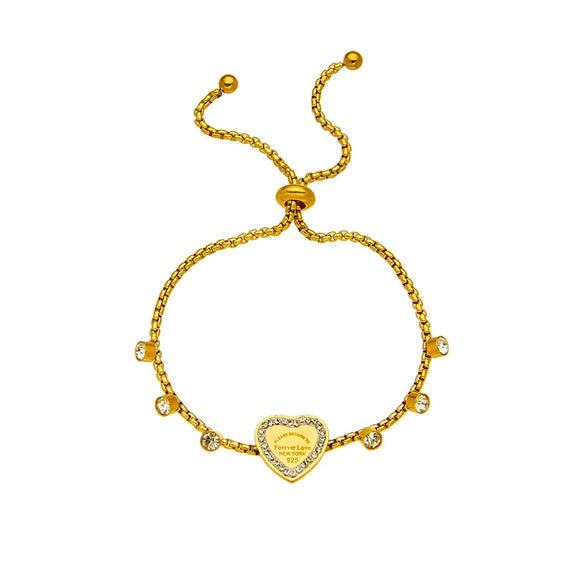 Fashion Simple Light Luxury Niche Heart Round Diamond Embedded Adjustable Chain Titanium Steel Bracelet With Electroplating Design