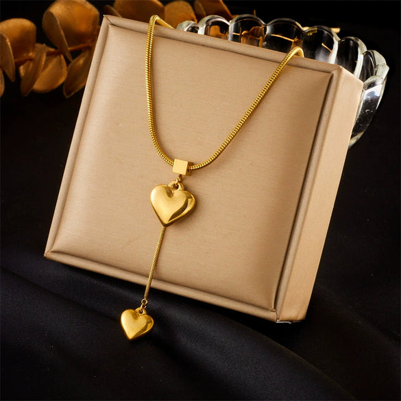 Fashion Simple Metal Heart Pendant Tassel Chain Stainless Steel Gold Plated Necklace For Women