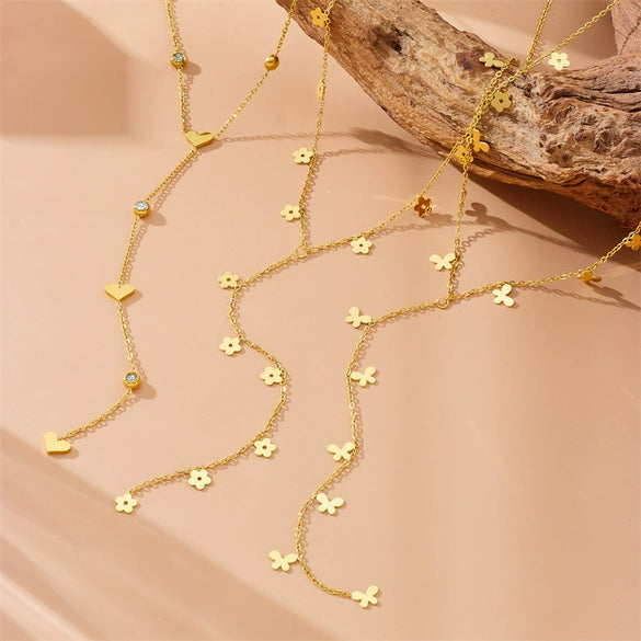 Fashion Simple Minimalist Stainless Steel Flower Heart Shape Electroplated Chain Bracelet Necklace