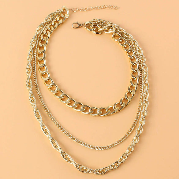 Fashion Simple Multi Layer Thick Alloy Fishbone Chain Stacked Clavicle Necklace With Geometric Design And Electroplating