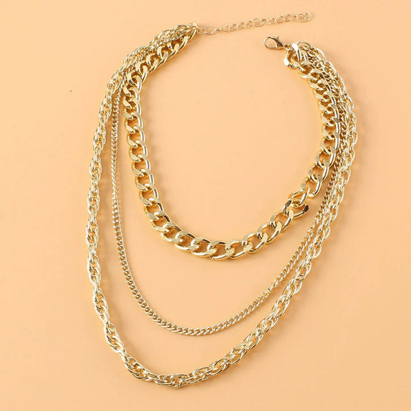 Fashion Simple Multi Layer Thick Alloy Fishbone Chain Stacked Clavicle Necklace With Geometric Design And Electroplating
