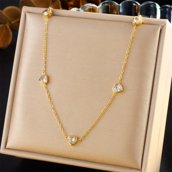 Fashion Simple Niche Stainless Steel Gold Plated Diamondencrusted Love Accessories Pendant Necklace And Earrings
