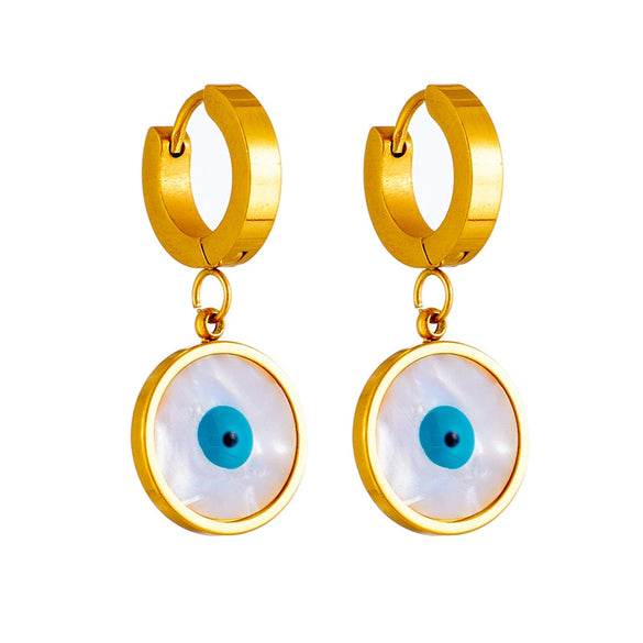 Fashion Simple Retro Metal Geometric Blue Eyes Shell Round Pendant Earrings Titanium Steel Electroplating For Women