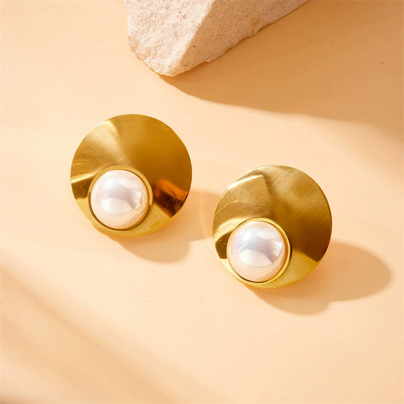 Fashion Simple Smooth Round Pearl Stainless Steel Goldplated Opening Ring Earrings And Necklaces Set