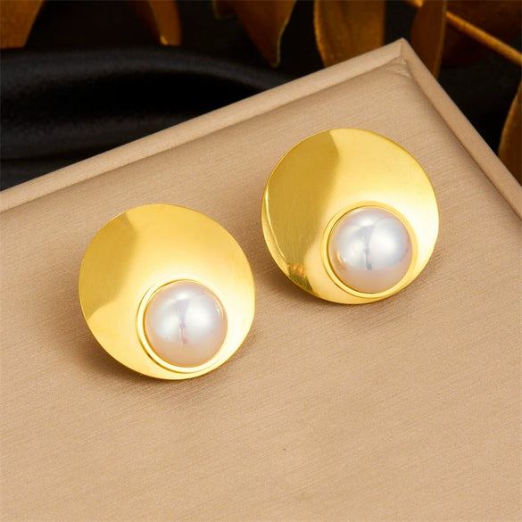 Fashion Simple Smooth Round Pearl Stainless Steel Goldplated Opening Ring Earrings And Necklaces Set