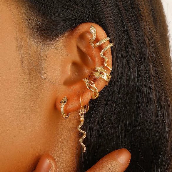 Fashion Simple Snake Leaf Alloy Fivepiece Set Ear Clip No Ear Holes Earrings Electroplated For Women With Animal Zodiac Geometry Style