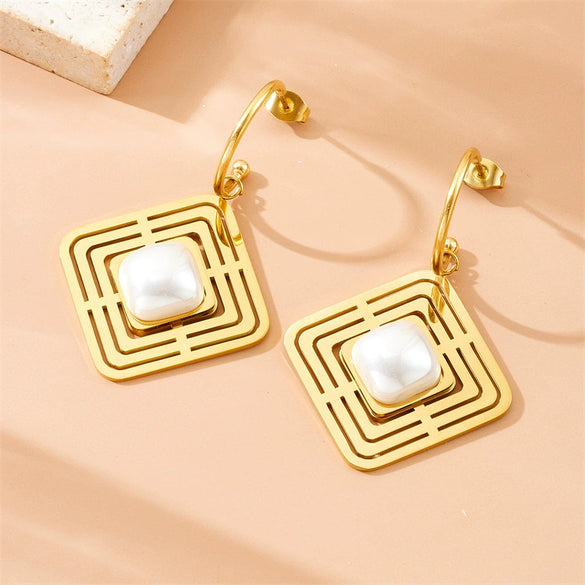 Fashion Simple Square Geometric Hollow Inlaid Pearl Pendant Accessories Ring Earrings Necklace Stainless Steel Electroplated