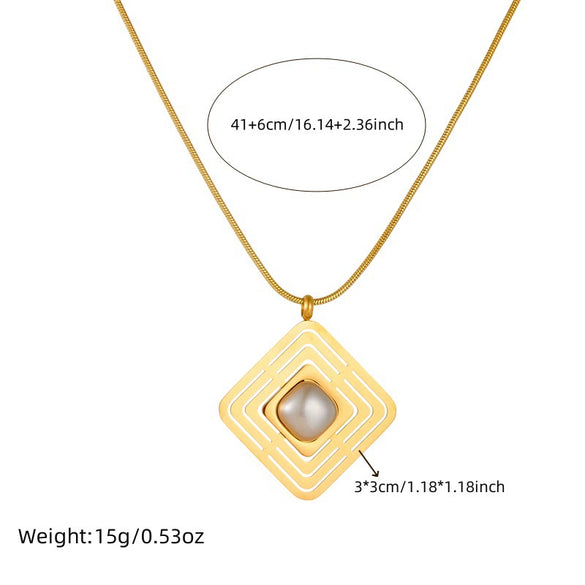 Fashion Simple Square Geometric Hollow Inlaid Pearl Pendant Accessories Ring Earrings Necklace Stainless Steel Electroplated