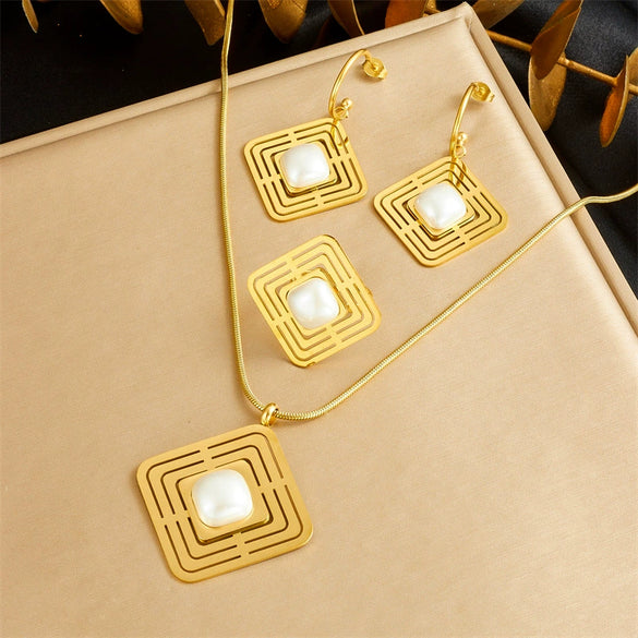 Fashion Simple Square Geometric Hollow Inlaid Pearl Pendant Accessories Ring Earrings Necklace Stainless Steel Electroplated