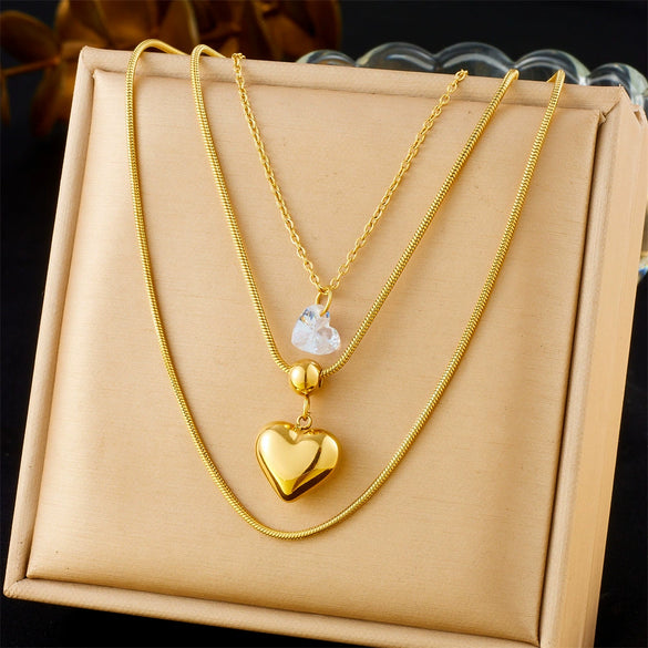 Fashion Simple Stacked Wear Multilayer Stainless Steel Goldplated Women's Snake Bone Chain Necklace With Love Pendant