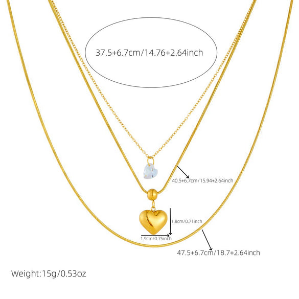 Fashion Simple Stacked Wear Multilayer Stainless Steel Goldplated Women's Snake Bone Chain Necklace With Love Pendant