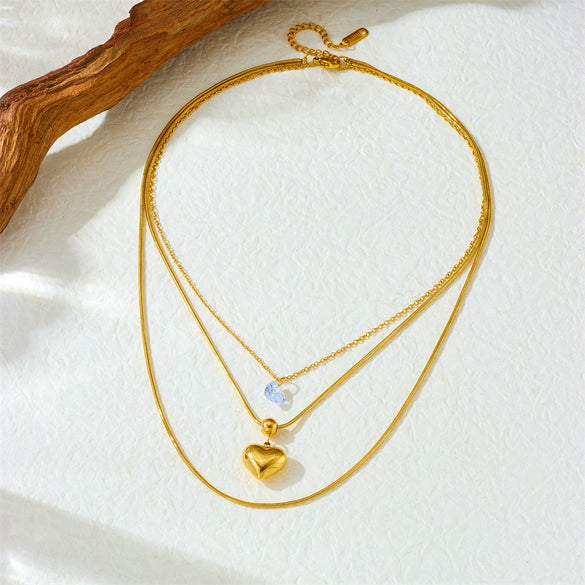 Fashion Simple Stacked Wear Multilayer Stainless Steel Goldplated Women's Snake Bone Chain Necklace With Love Pendant