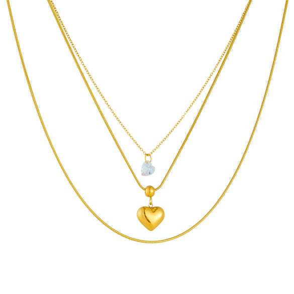 Fashion Simple Stacked Wear Multilayer Stainless Steel Goldplated Women's Snake Bone Chain Necklace With Love Pendant