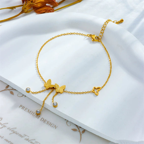 Fashion Simple Threedimensional Glitter Butterfly Chain Tassel Goldplated Stainless Steel Round Diamond Anklet