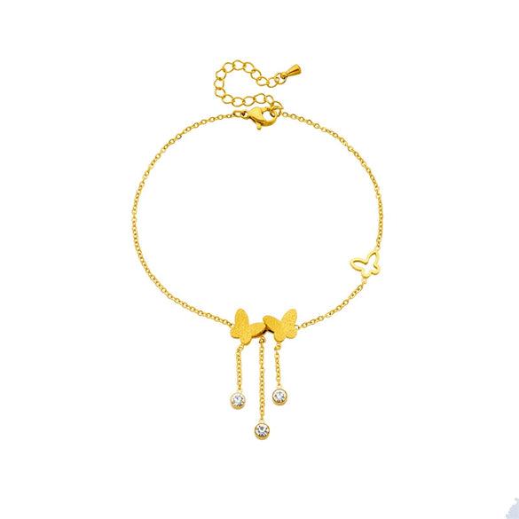 Fashion Simple Threedimensional Glitter Butterfly Chain Tassel Goldplated Stainless Steel Round Diamond Anklet