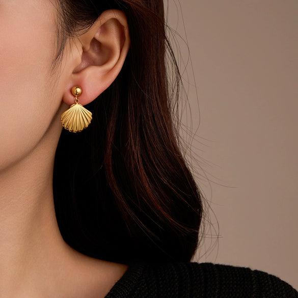 Fashion Simple Vintage Stainless Steel Shell Pendant Earrings Electroplated 18K Gold For Women