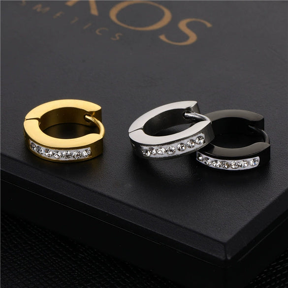 Fashion Single Row Diamond Stainless Steel Ear Buckle Earrings For Unisex With Geometric Pattern And Polished Treatment
